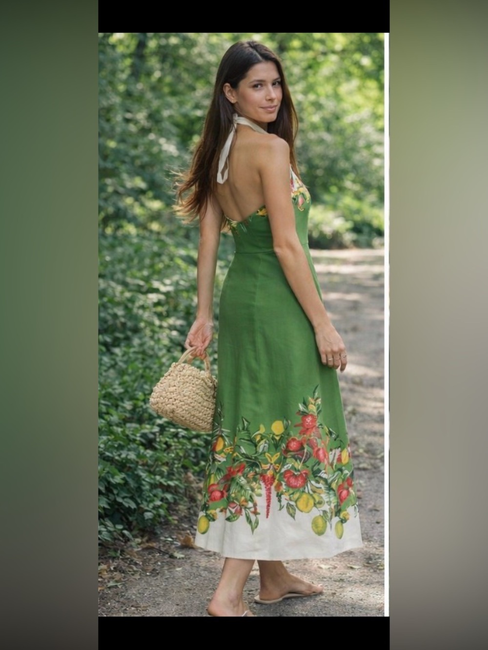 H&M Premium women's Linen-blend Green and Floral Midi Dress